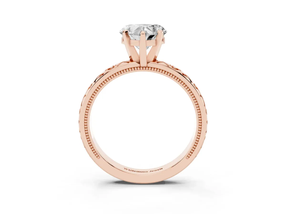 Heart Cut Solitaire Diamond Engagement Ring with XO Engraved Band and Four-Prong Setting Rose gold