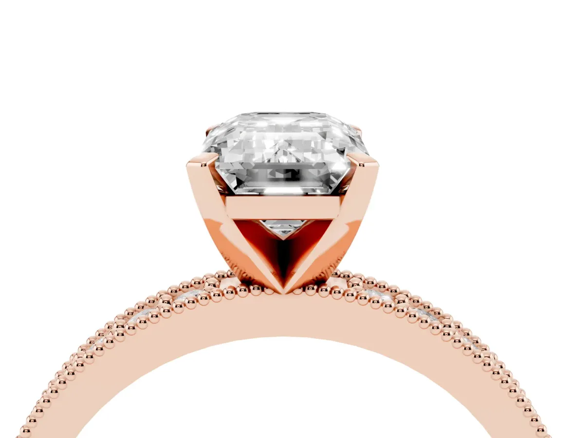 Emerald Cut Diamond Milgrain Pavé Engagement Ring with Four-Prong Setting Rose gold