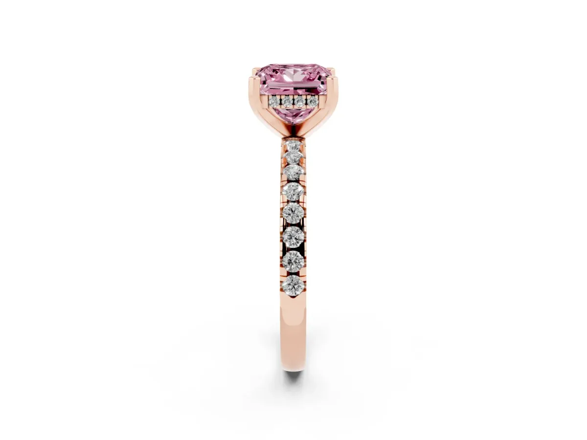 Fancy Pink Princess Cut Diamond Solitaire Ring with Round Pavé Band and Four-Prong Setting Rose gold