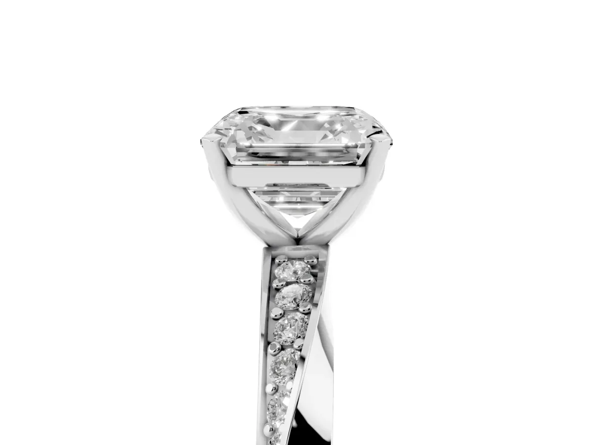Asscher Cut Diamond Engagement Ring with Side Stone Accents and Four-Prong Setting Silver