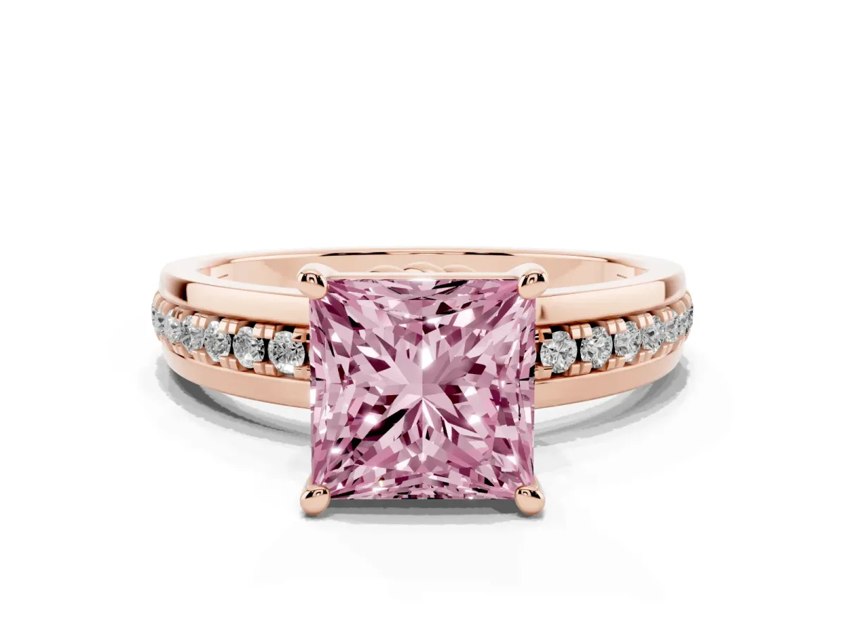 Fancy Pink Princess Cut Solitaire Diamond Ring with Channel Set Band and Six-Prong Setting Rose gold