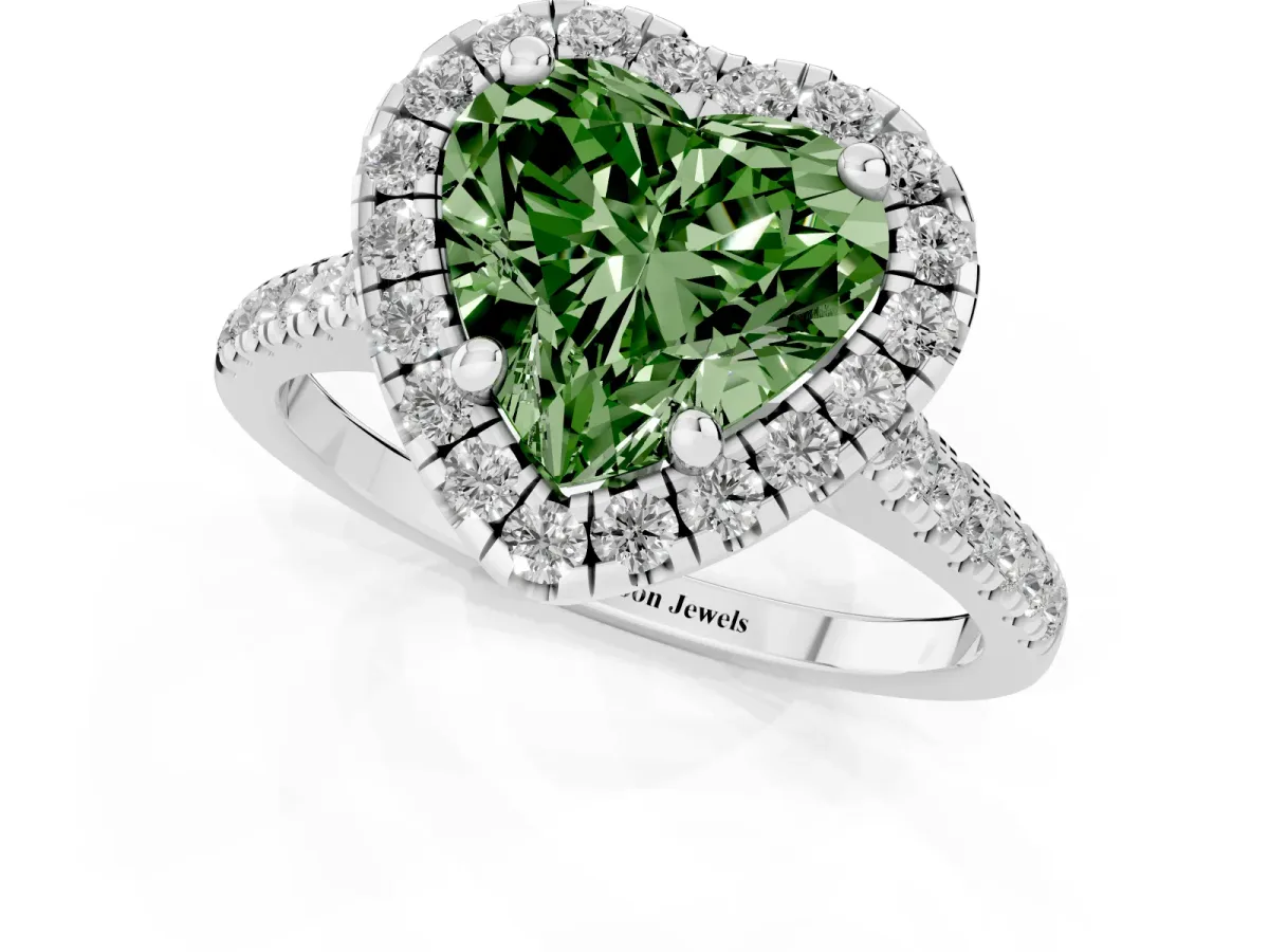 Fancy Green Heart Cut Diamond Cushion Halo Ring with Pavé Band Platinum