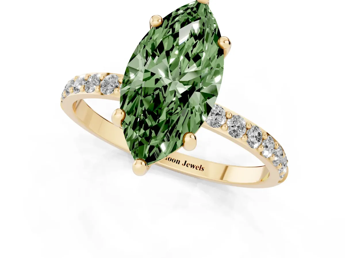 Fancy Green Marquise Cut Diamond Solitaire Ring with Round Pavé Band and Prong Setting Yellow gold