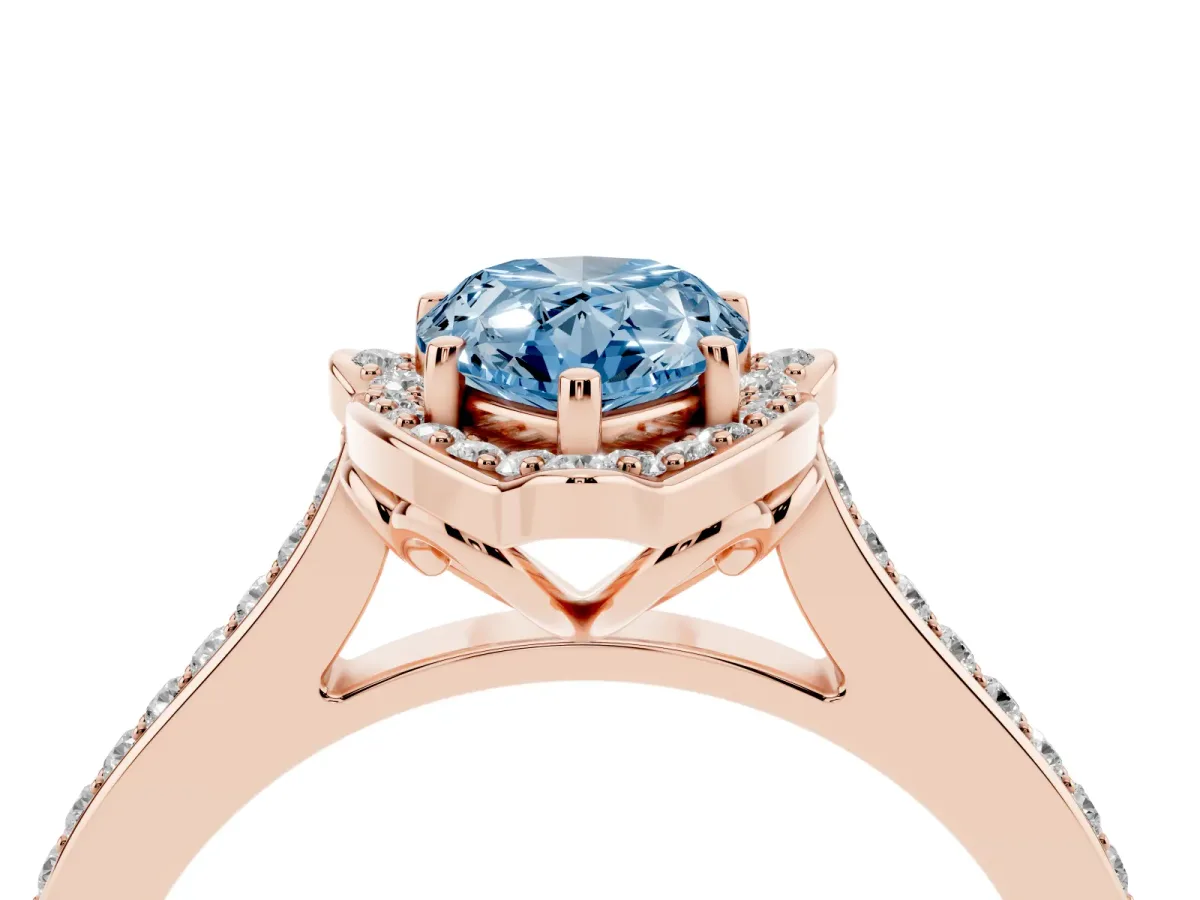 Fancy Blue Pear Cut Halo Round Diamond Pave Band with Four-Prong Setting Rose gold