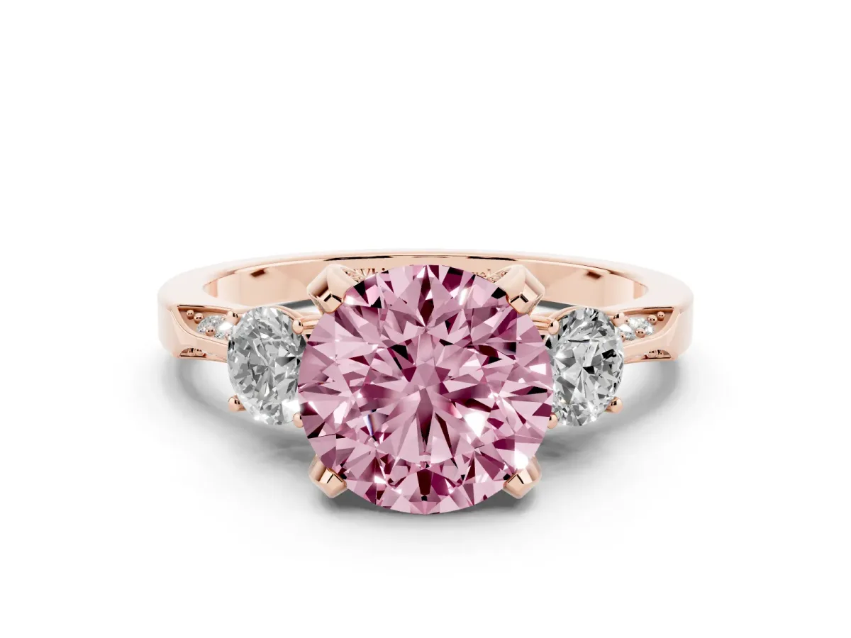 Fancy Pink Round Cut Brilliant Three-Stone Diamond Ring with Pavé Band and Four-Prong Setting Rose gold