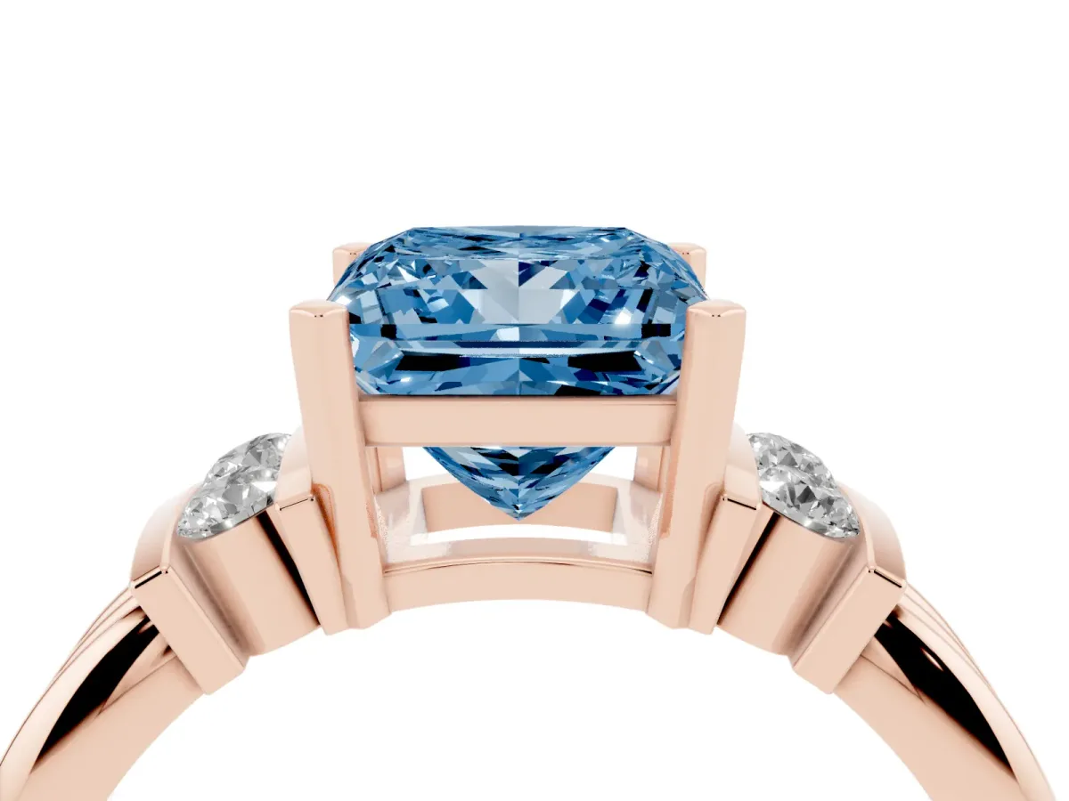 Fancy Blue Princess Cut Cut Three-Stone Channel Set Ring with Bar Prongs Rose gold