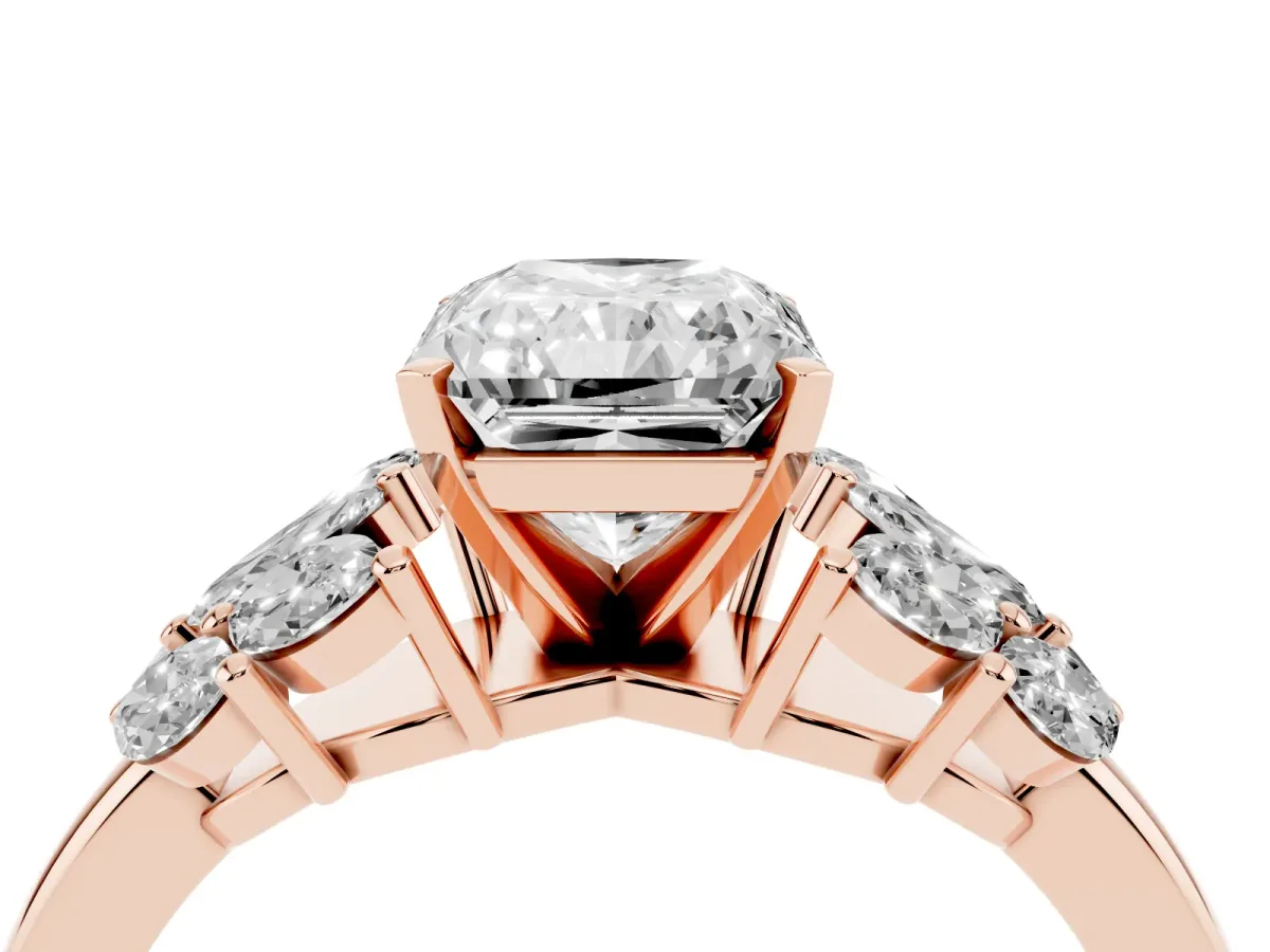 Radiant Cut Diamond Cluster Leaf Design Ring with Prong Setting Rose gold