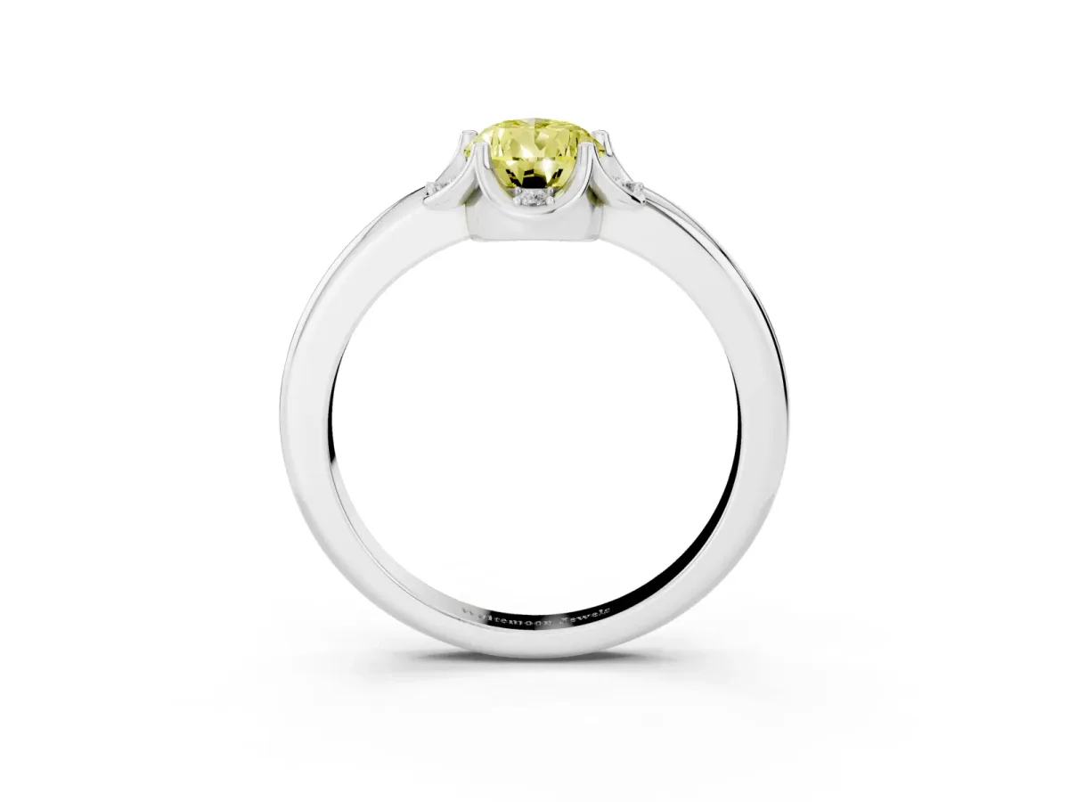 Fancy Yellow Pear Cut Halo Diamond Ring with Round Cluster Setting, Solitaire Band, and Four-Prong Setting Platinum
