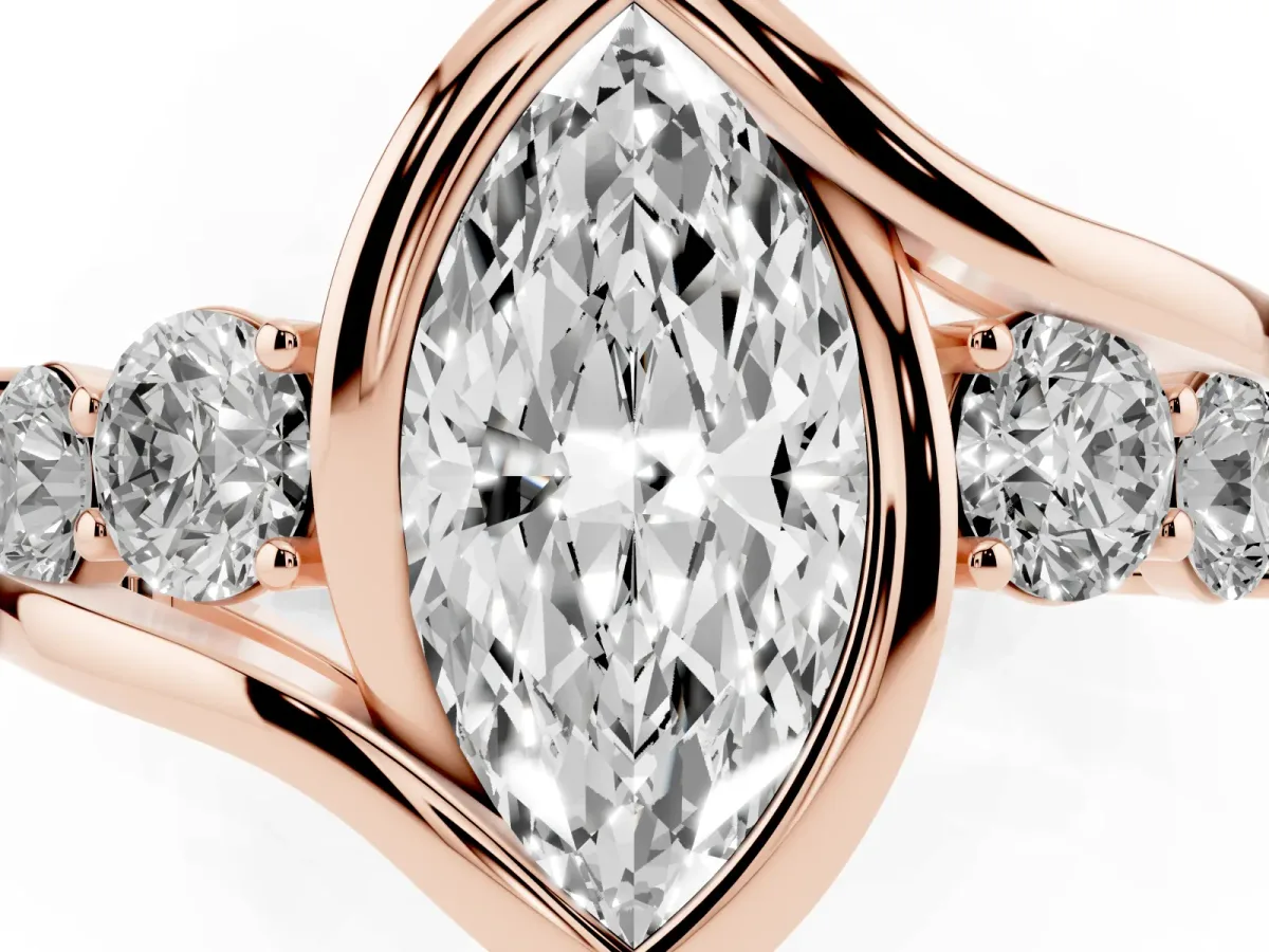 Bezel Set Marquise Cut Diamond Bypass Ring with Round Accents Rose gold