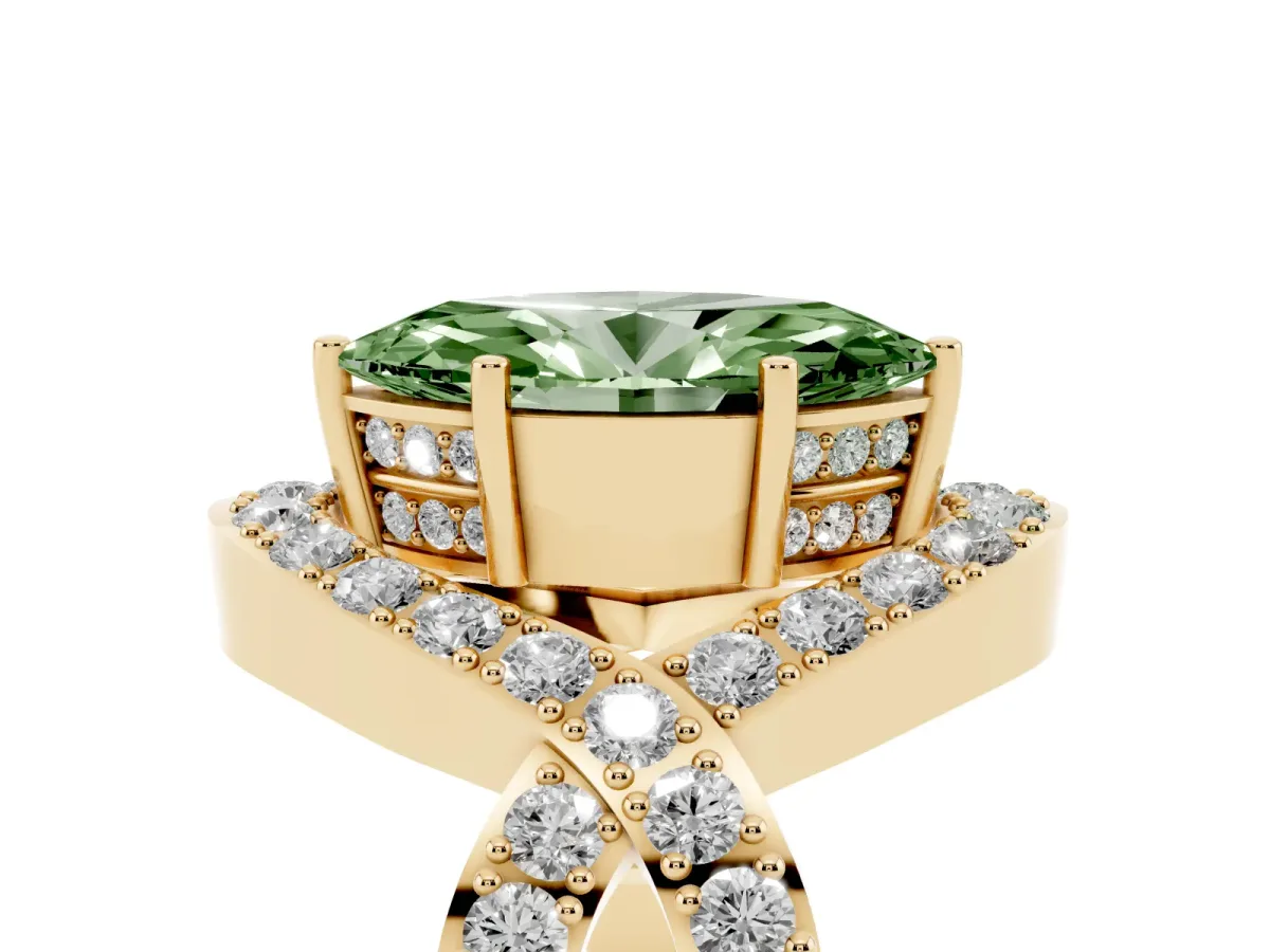 Fancy Green Marquise Cut Solitaire Twist Band Pavé Diamond Engagement Ring Yellow gold