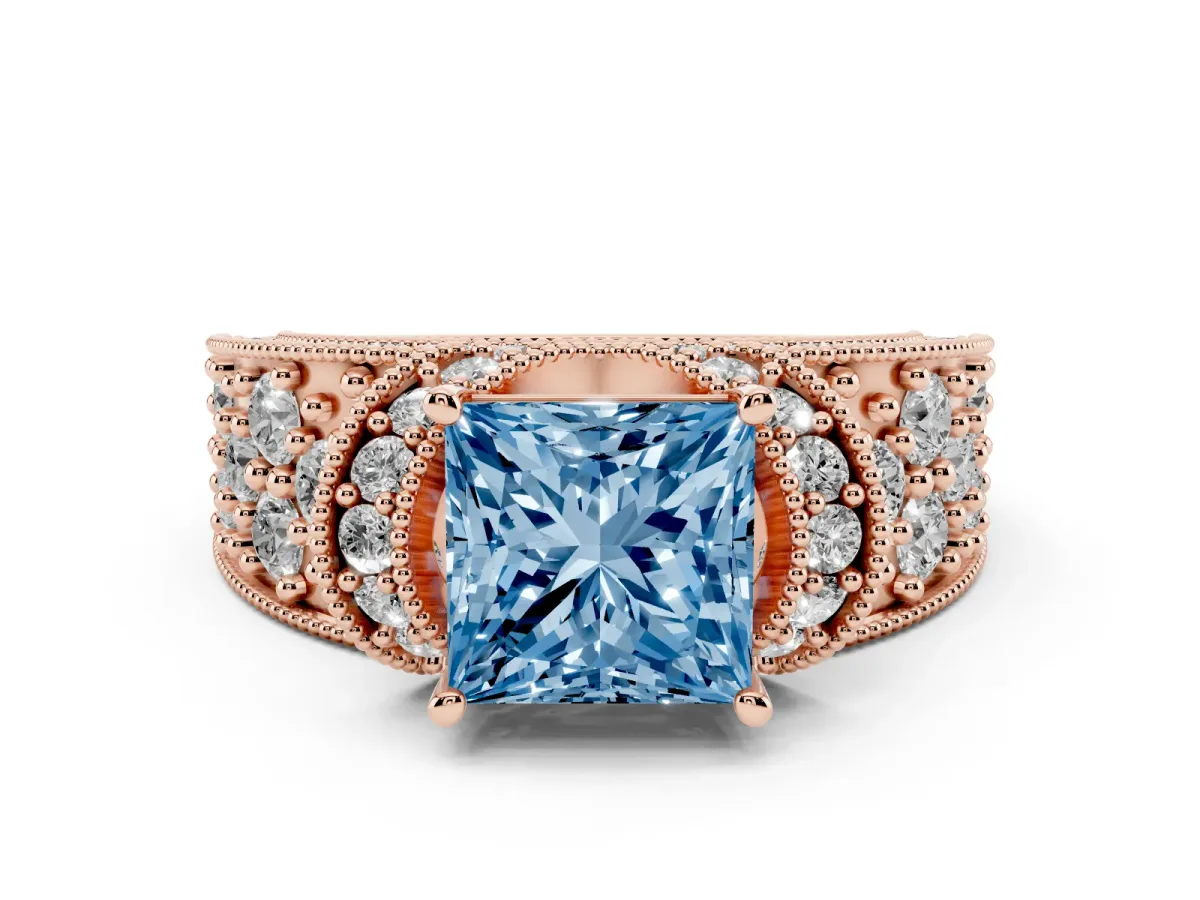 Fancy Blue Princess Cut Halo Pave Diamond Engagement Ring with Milgrain Detailing Rose gold