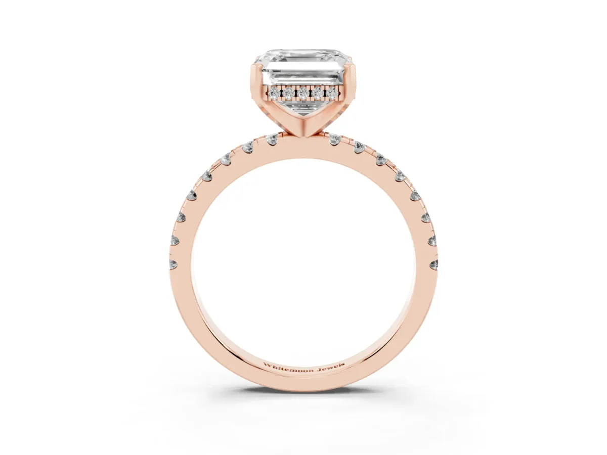Asscher Cut Diamond Solitaire Ring with Round Pavé Band and Four-Prong Setting Rose gold