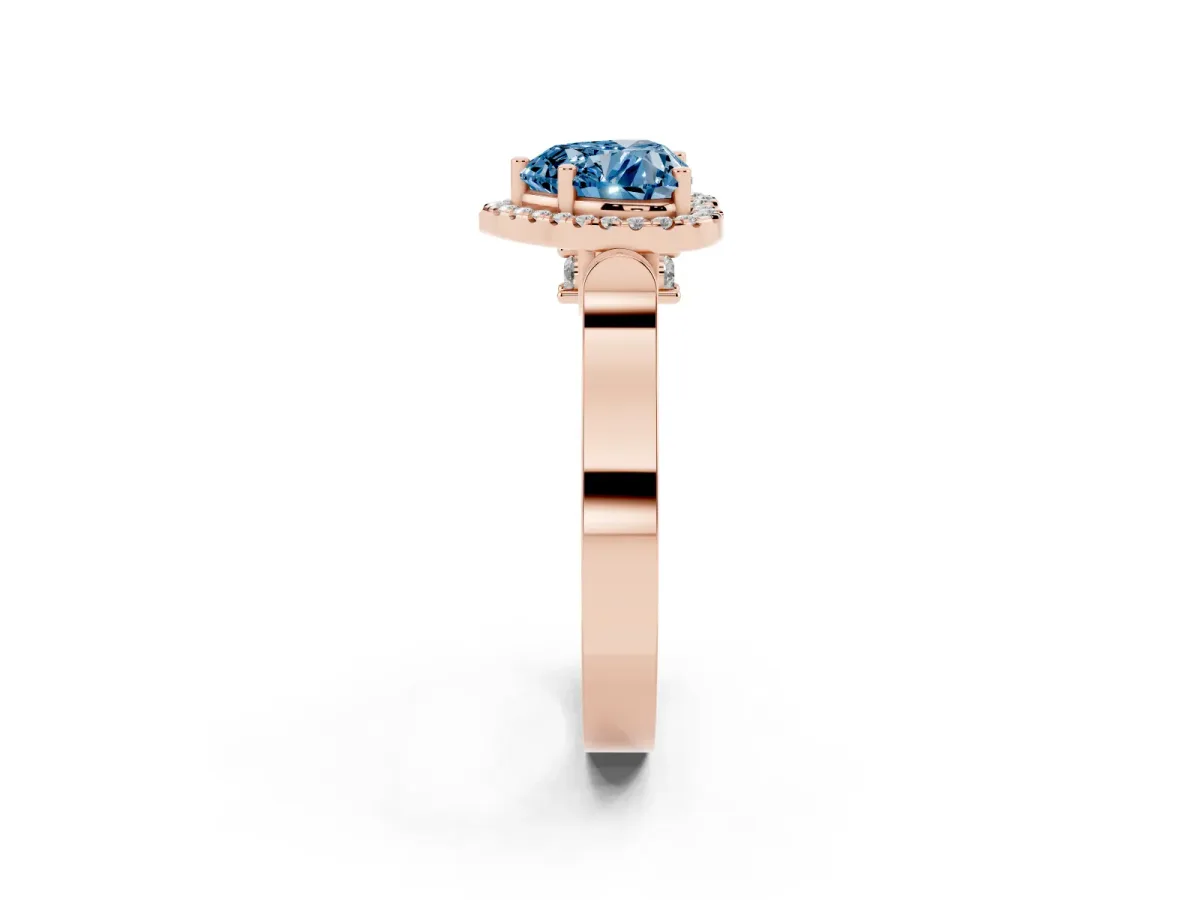 Fancy Blue Heart Cut Halo Round Diamond Twist Band with Four-Prong Setting Rose gold