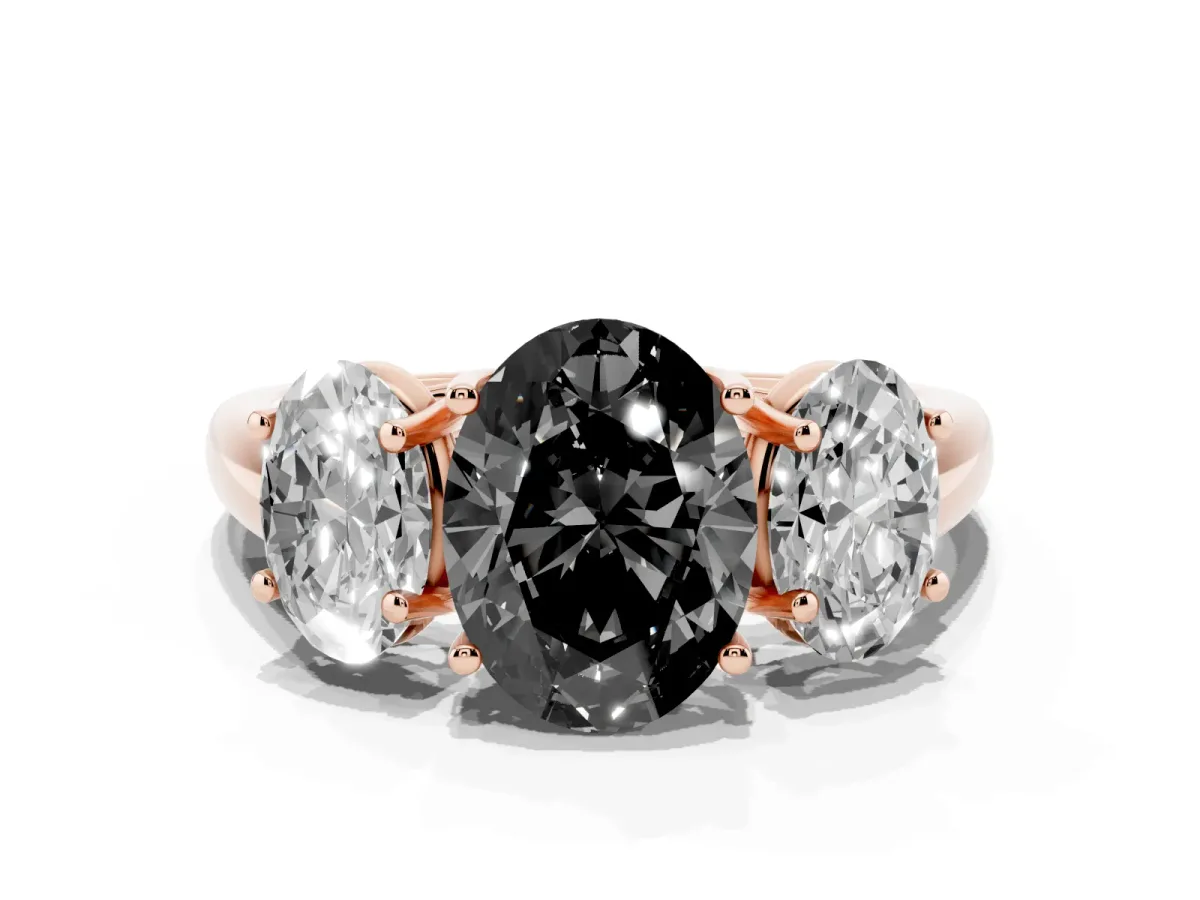 Fancy Black Three-Stone Oval Cut Diamond Engagement Ring with Prong Setting Rose gold