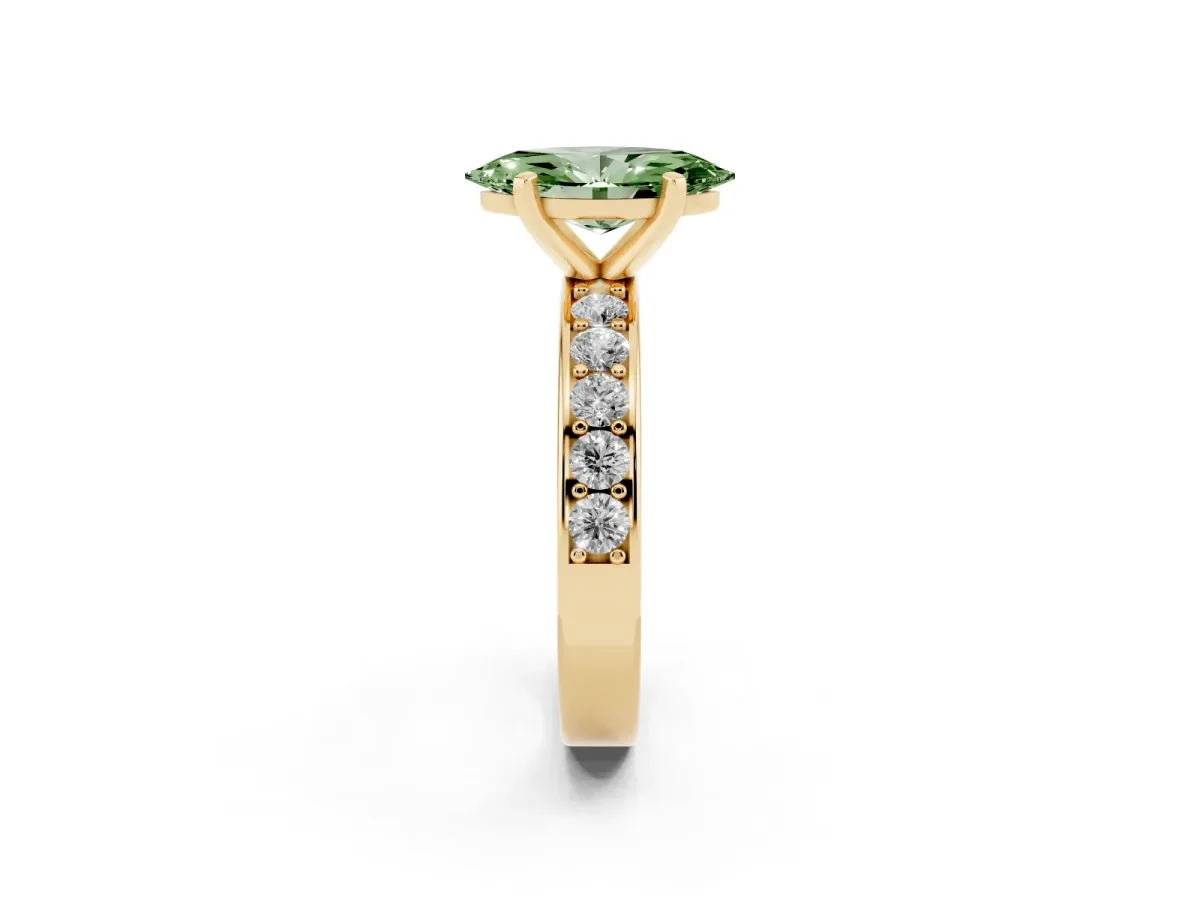 Fancy Green Marquise Cut Diamond Engagement Ring with Channel Set Round Band and Prong Setting Yellow gold
