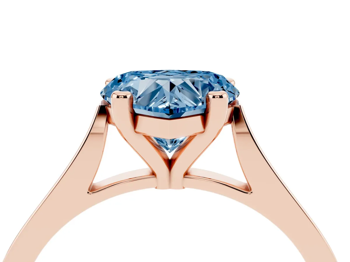 Fancy Blue Heart Cut Solitaire Diamond Ring with Four-Prong Setting and Tapered Band Rose gold