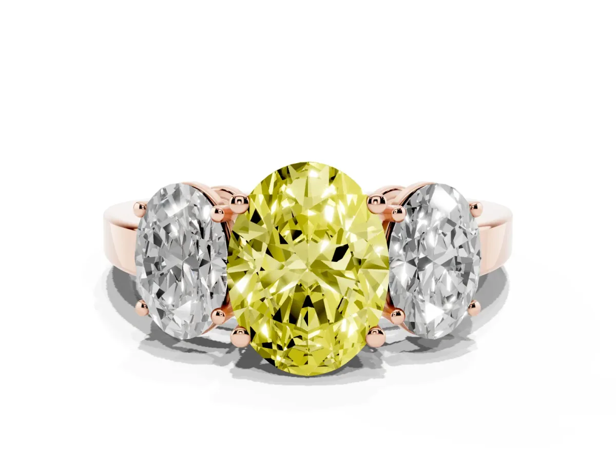 Fancy Yellow Three-Stone Oval Cut Cut Diamond Engagement Ring with Flat Band and Four-Prong Setting Rose gold
