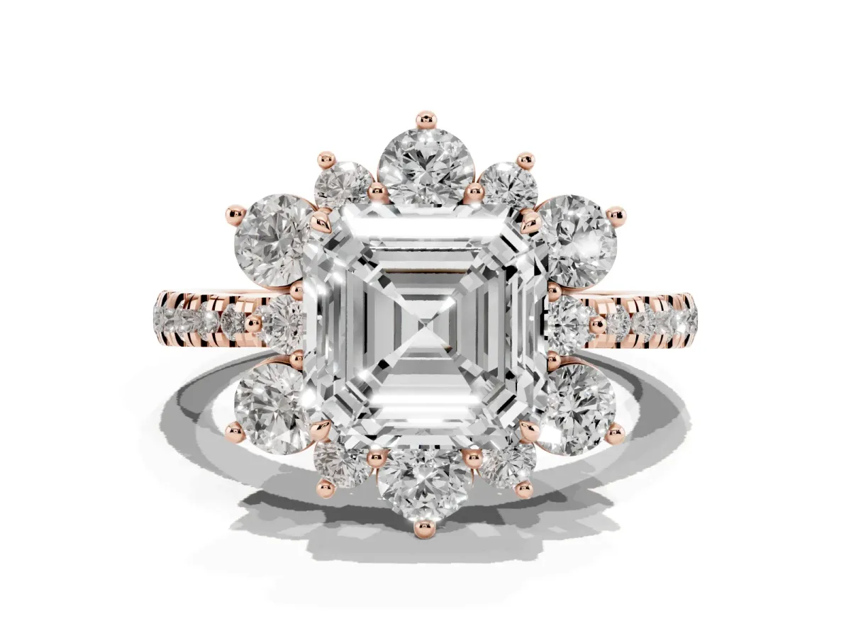 Asscher Cut Diamond Floral Halo Ring with Round Pavé Band and Prong Setting Rose gold