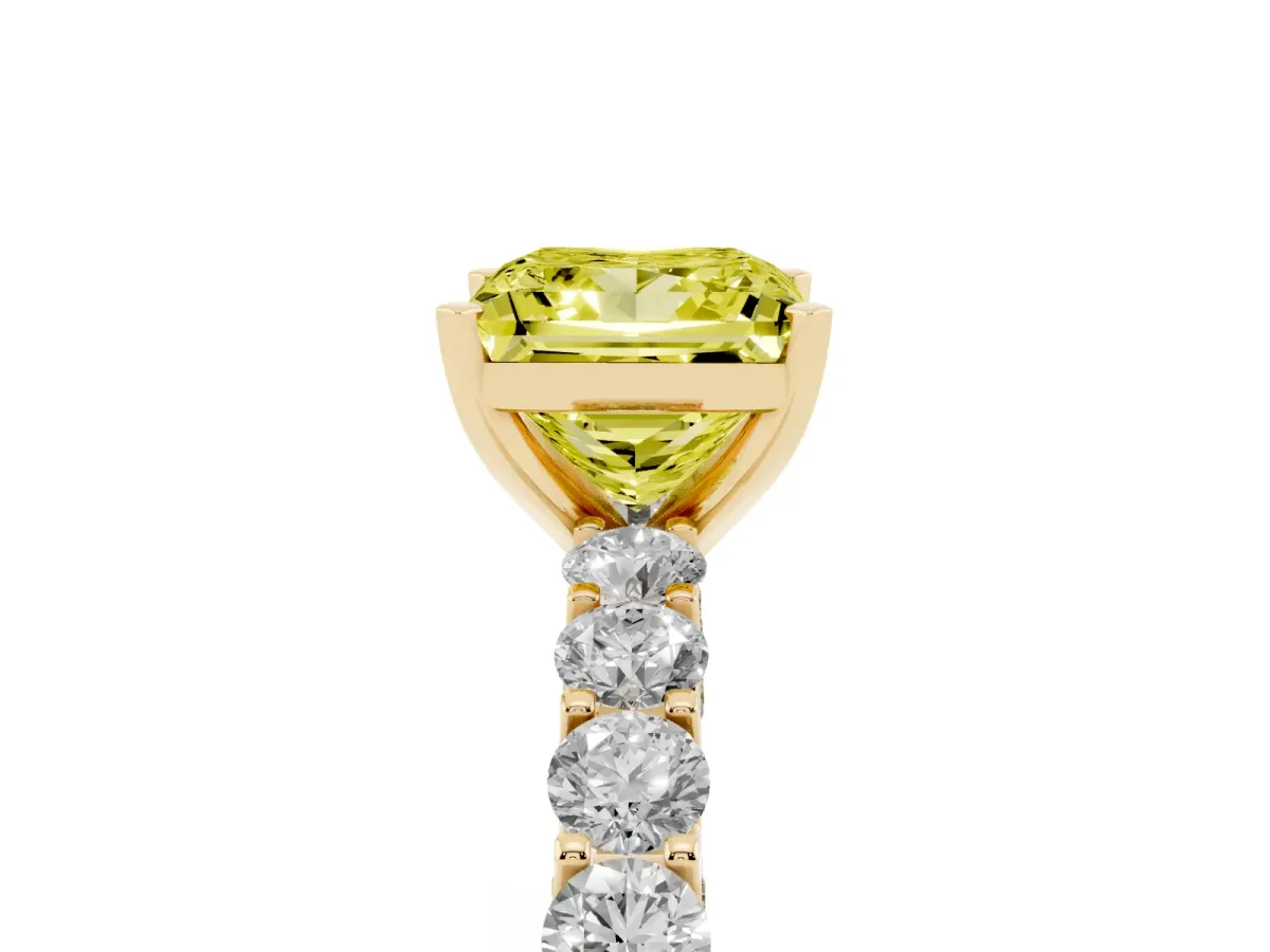 Fancy Yellow Princess Cut Diamond Solitaire Ring with Shared Prong Pavé Band and Four-Prong Setting Yellow gold