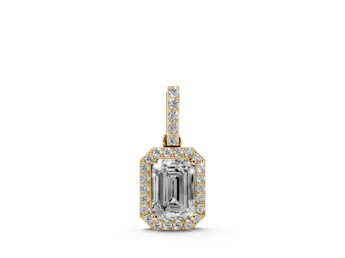 Emerald Cut Halo Diamond Pendant with Prong Setting Yellow gold
