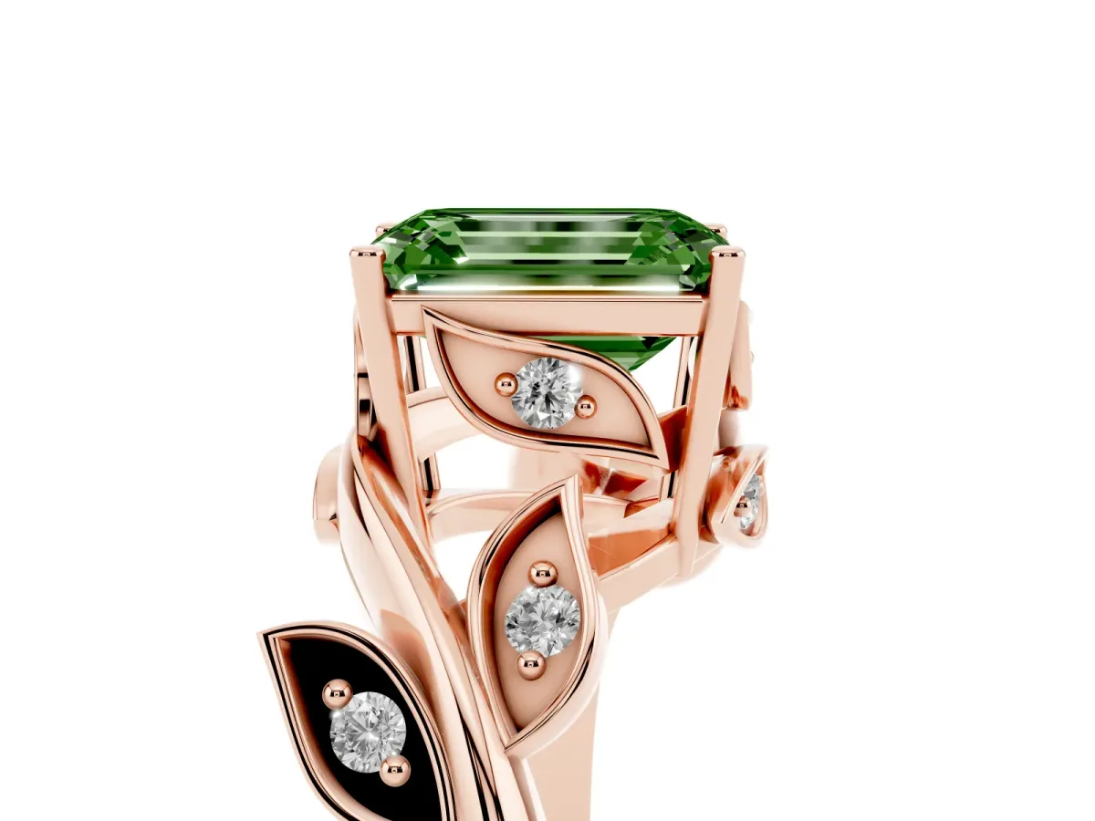 Fancy Green Emerald Cut Solitaire Twist Engagement Ring with Leaf Accents and Prong Setting Rose gold