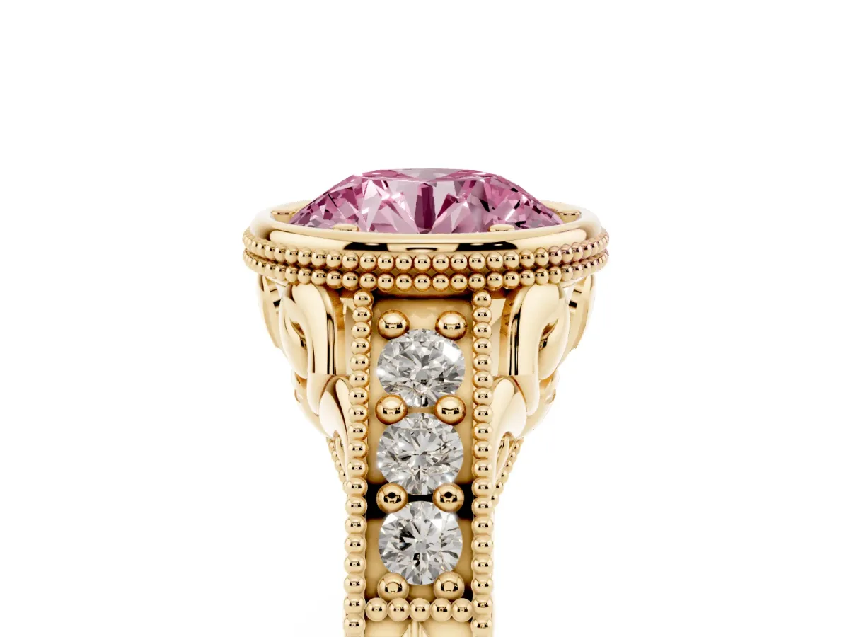 Fancy Pink Bezel Set Round Cut Diamond Milgrain Pave Engagement Ring Yellow gold