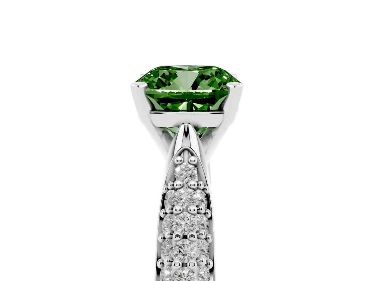 Fancy Green Cushion Cut Diamond Solitaire Engagement Ring with Multi-Row Round Pavé Band and Prong Setting Platinum