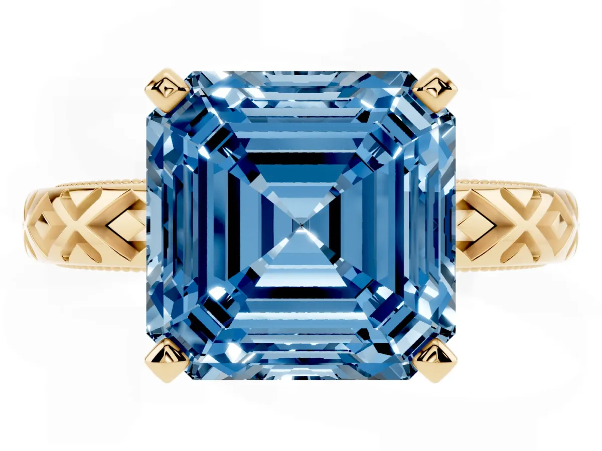 Fancy Blue Asscher Cut Solitaire Diamond Ring with Milgrain and Black Enamel X Pattern Band Yellow gold