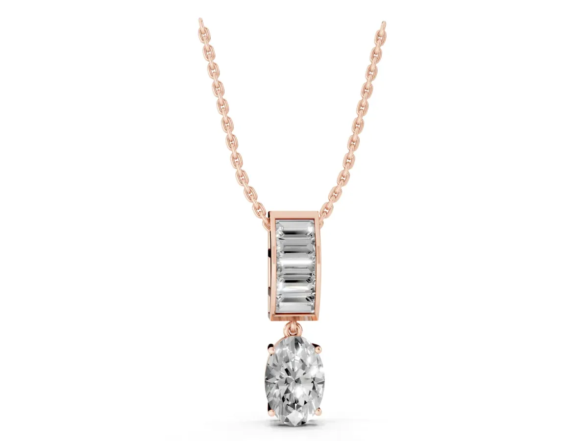 Oval and Baguette Diamond Drop Pendant Rose gold