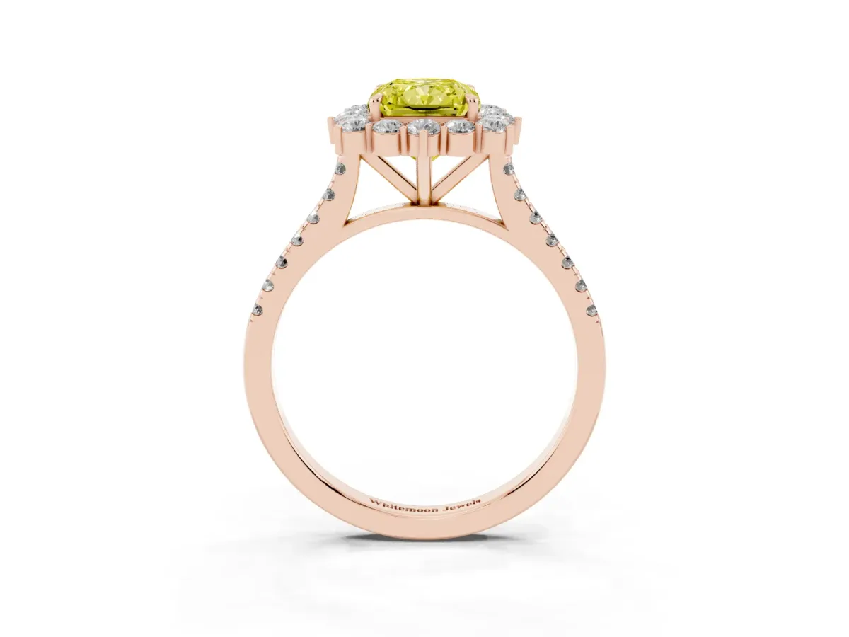 Fancy Yellow Radiant Cut Halo Diamond Ring with Pavé Band and Prong Setting Rose gold