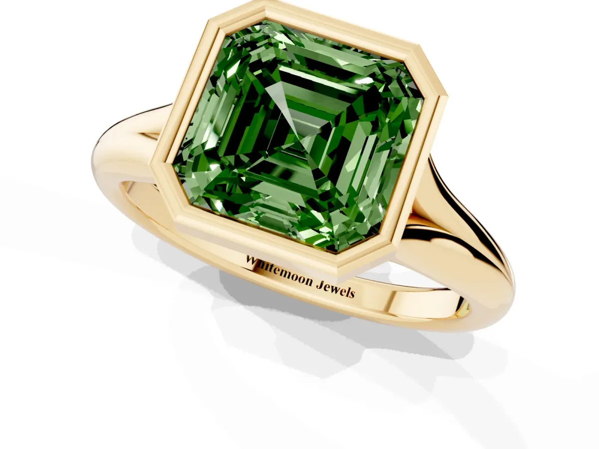 Fancy Green Bezel Set Asscher Cut Solitaire Diamond Ring with Smooth Band Yellow gold