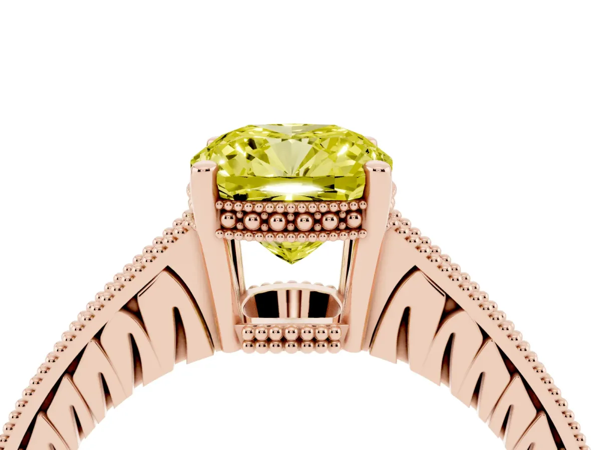 Fancy Yellow Cushion Cut Solitaire Pavé Diamond Milgrain Engagement Ring with Four-Prong Setting Rose gold