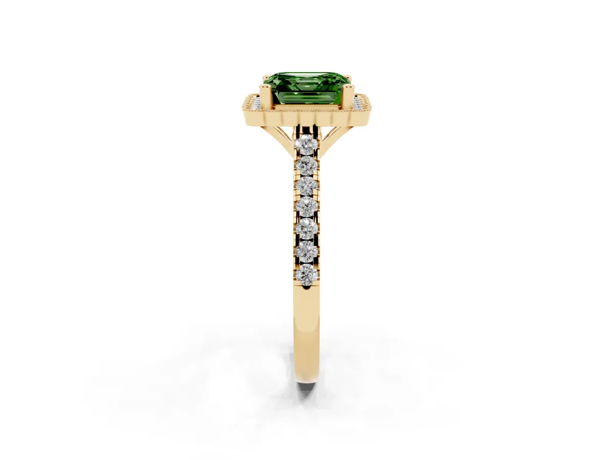 Fancy Green Asscher Cut Cut Diamond Milgrain Floral Halo Engagement Ring with Pavé Band Yellow gold