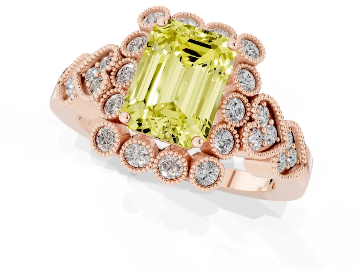 Fancy Yellow Emerald Cut Brilliant Milgrain Pave Heart Band Solitaire Ring Rose gold