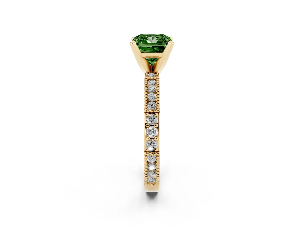 Fancy Green Princess Cut Solitaire with Pavé Band and Four-Prong Setting Yellow gold