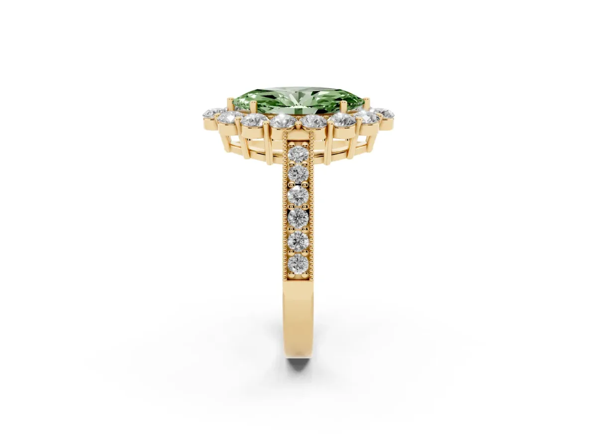 Fancy Green Marquise Cut Cut Halo Diamond Pavé Engagement Ring with Milgrain Detailing Yellow gold