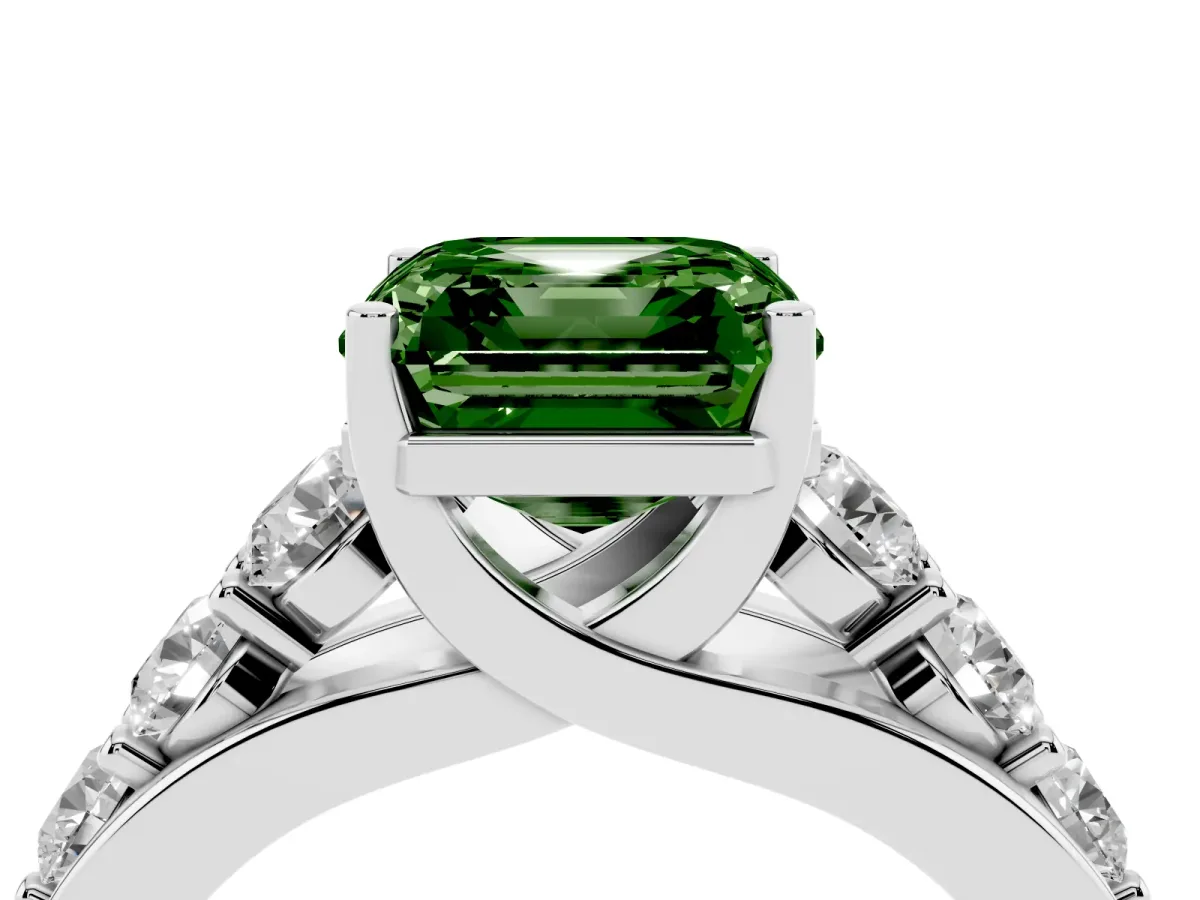 Fancy Green Asscher Cut Diamond Engagement Ring with Pavé Band and Four-Prong Setting Platinum