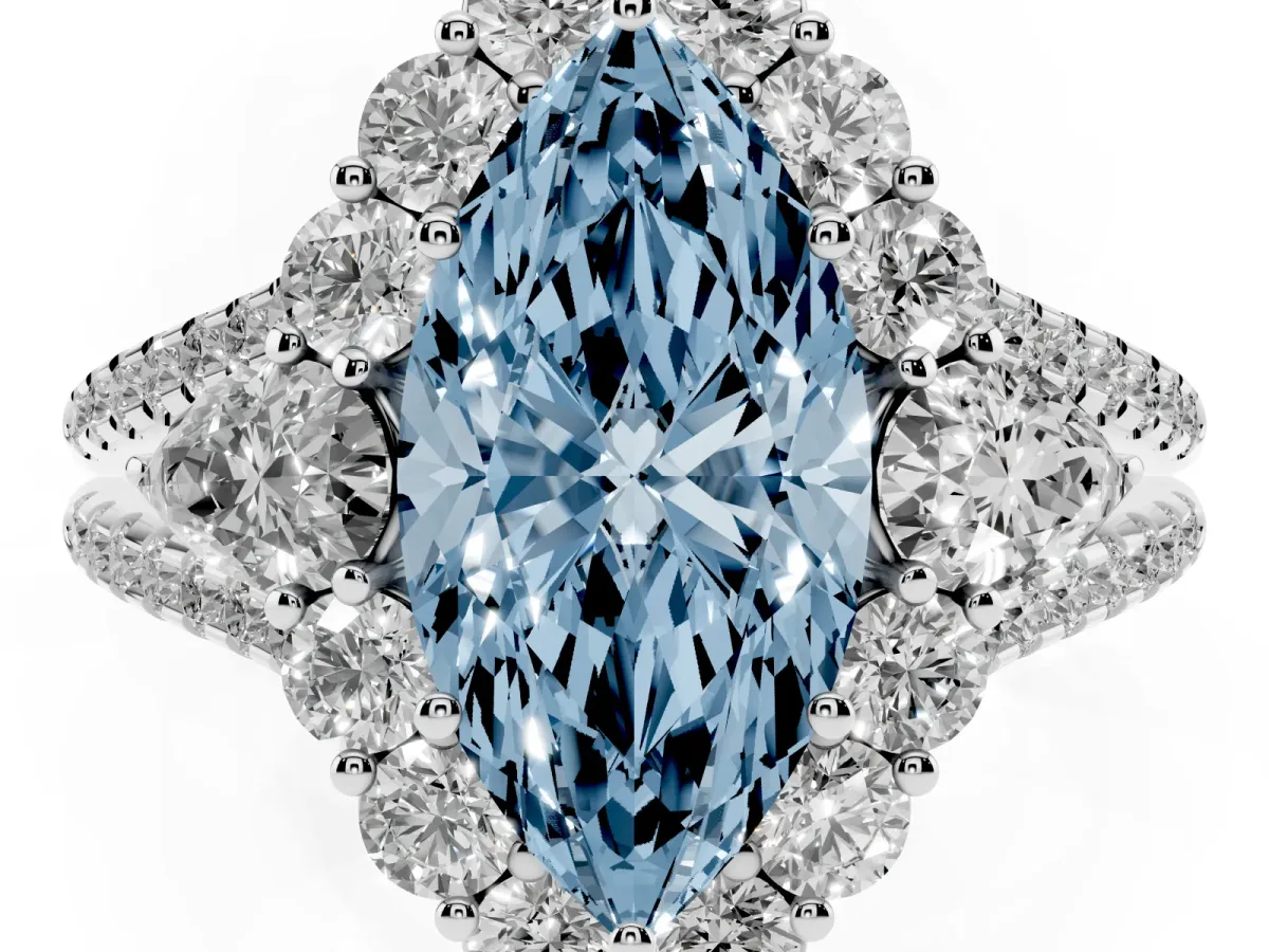 Fancy Blue Marquise Cut Halo Split Shank Diamond Engagement Ring with Prong Setting Silver