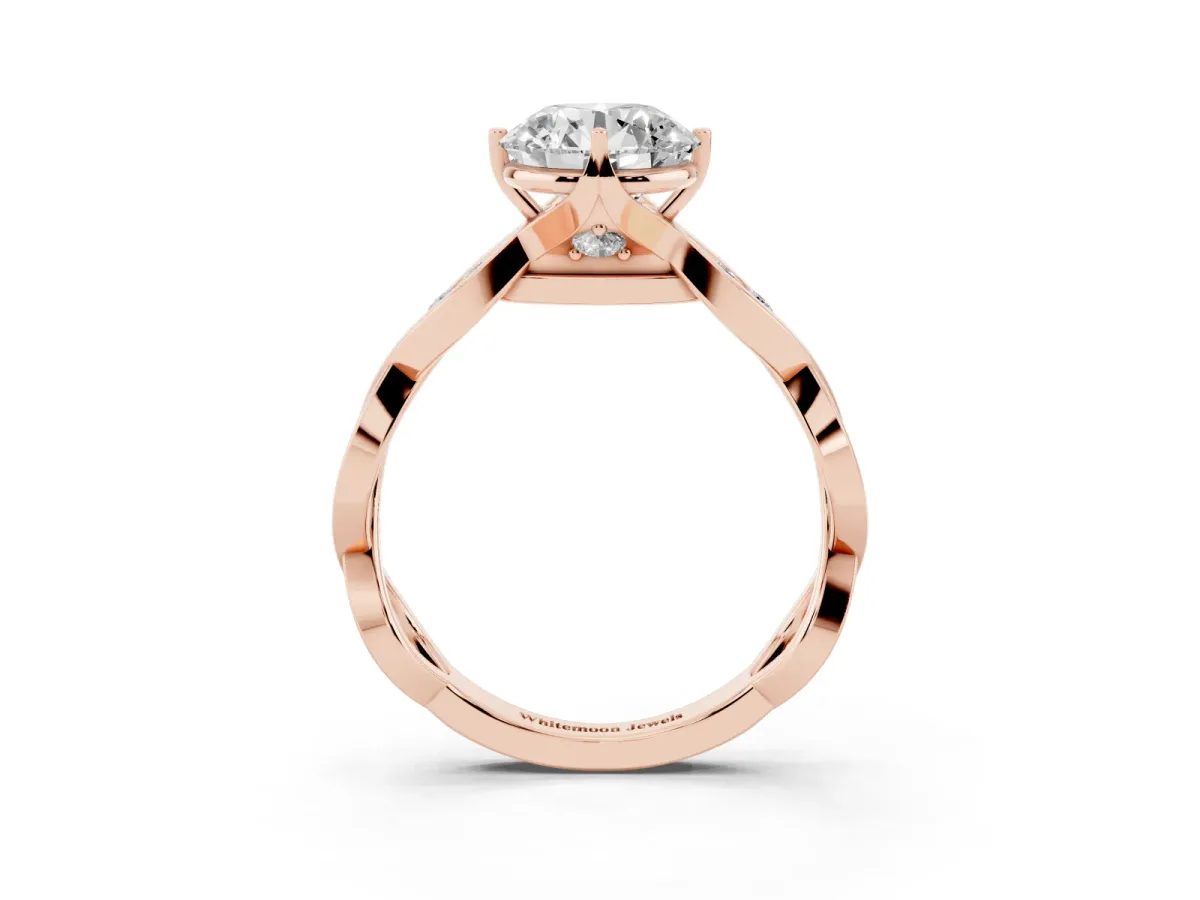 Round Cut Solitaire Twist Band with Leaf Prong Setting Rose gold