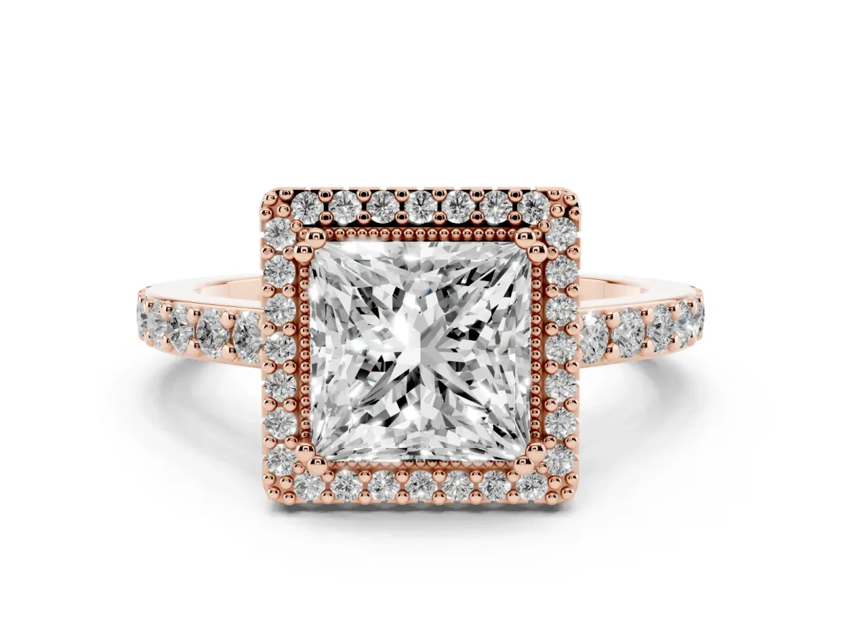 Princess Cut Cut Diamond Halo Engagement Ring with Milgrain Detail and Pavé Band Rose gold