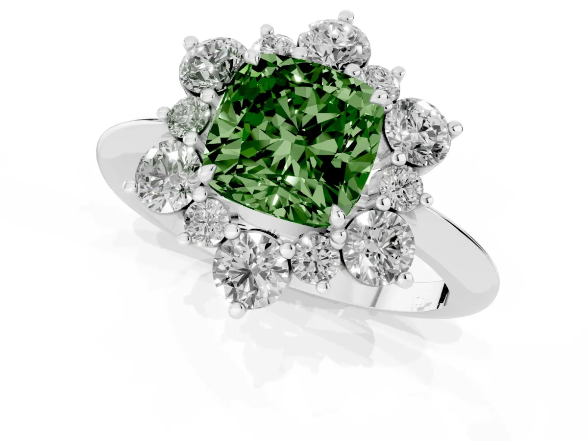 Fancy Green Cushion Cut Diamond Cluster Halo Ring with Solitaire Band and Four-Prong Setting White gold