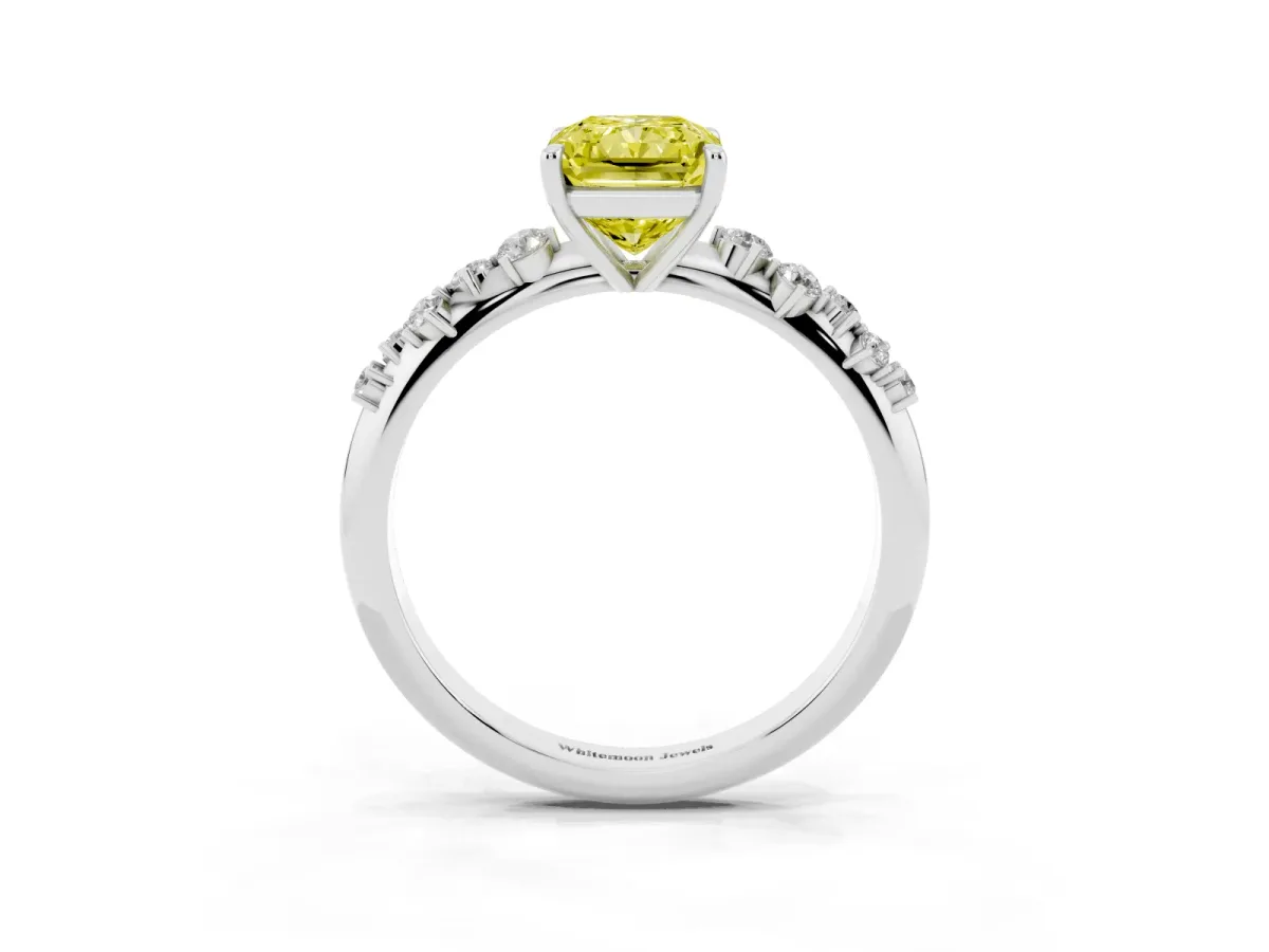 Fancy Yellow Radiant Cut Diamond Cluster Side Stone Solitaire Ring with Prong Setting White gold