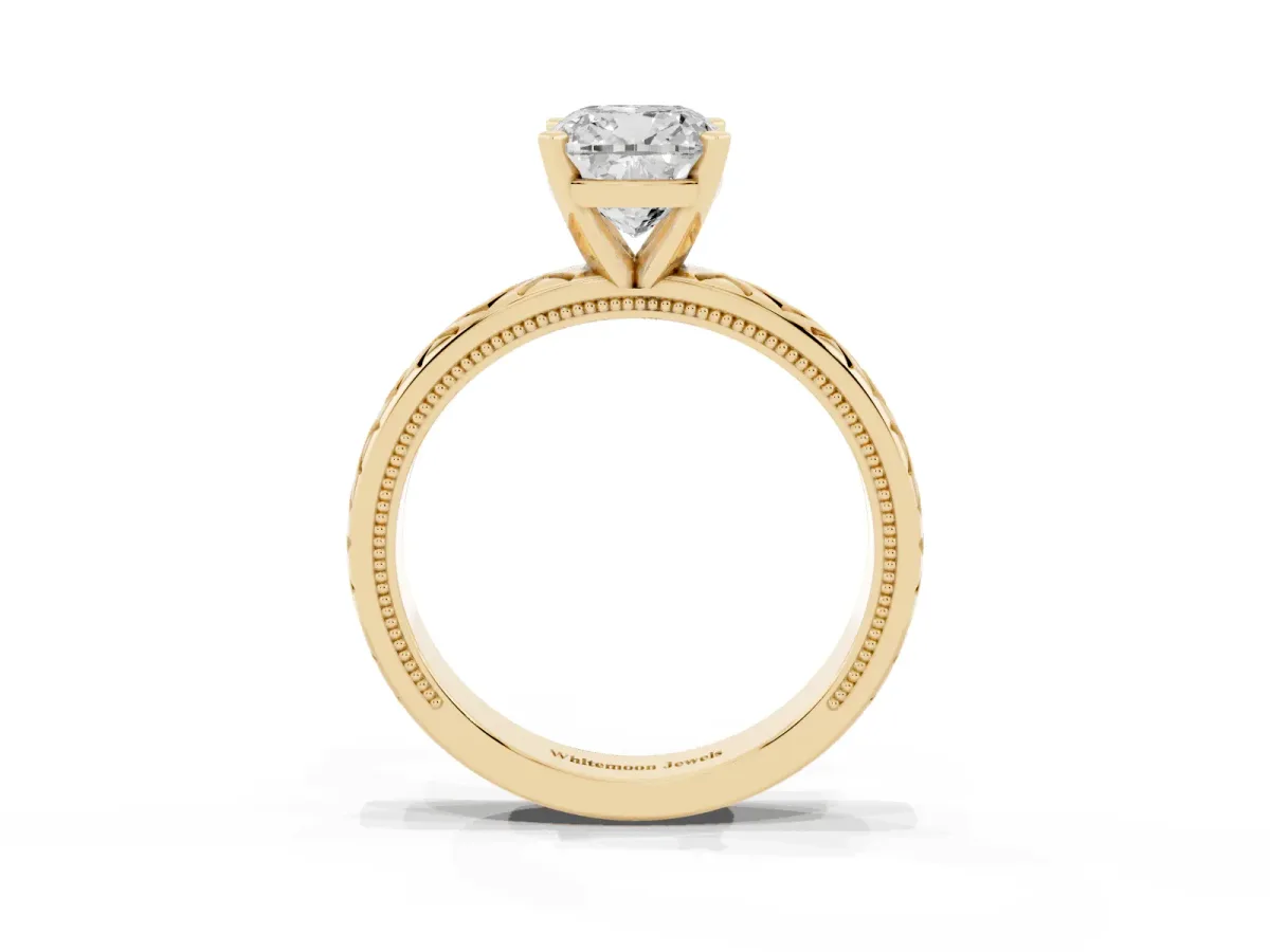 Cushion Cut Solitaire Diamond Ring with Milgrain and Black Enamel X Pattern Band Yellow gold