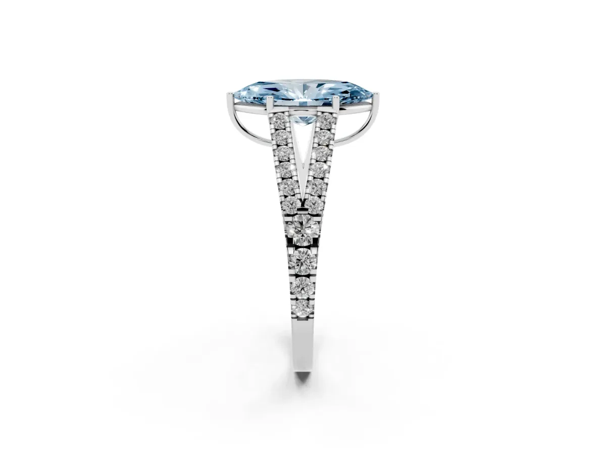 Fancy Blue Marquise Cut Diamond Split Shank Pavé Engagement Ring with Four-Prong Setting Platinum