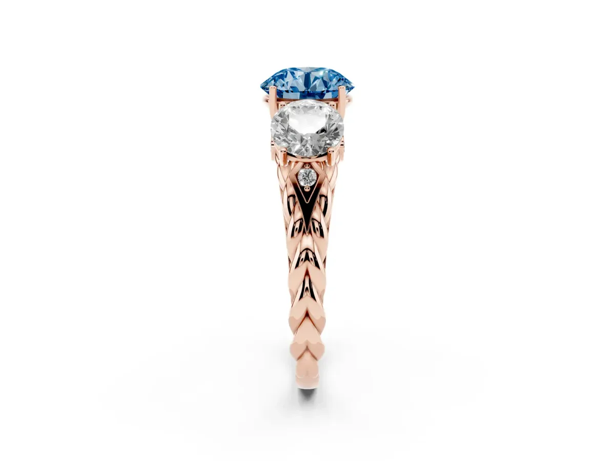 Fancy Blue Three-Stone Round Cut Diamond Braided Band Ring with Four-Prong Setting Rose gold
