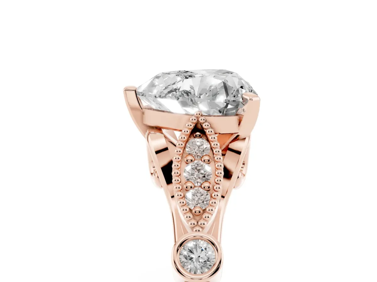 Heart Cut Cut Diamond with Milgrain Marquise and Bezel Accents on a Solitaire Band with Prong Setting Rose gold