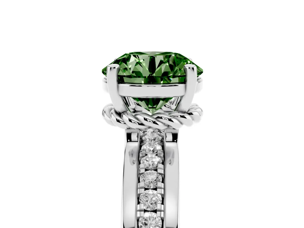 Fancy Green Round Cut Solitaire Diamond Ring with Channel Set Band and Six-Prong Setting Silver