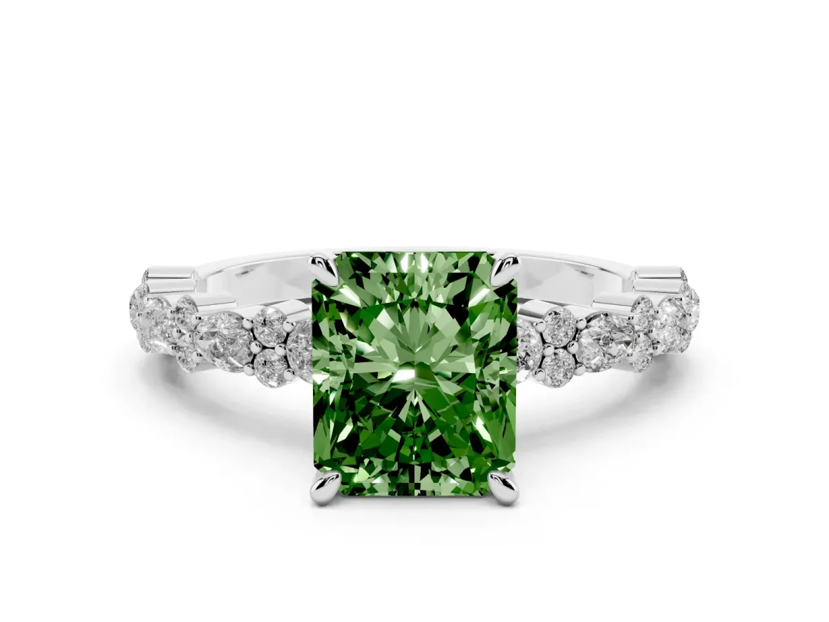 Fancy Green Radiant Cut Diamond Side Stone Solitaire Ring with Round and Four-Prong Setting Silver