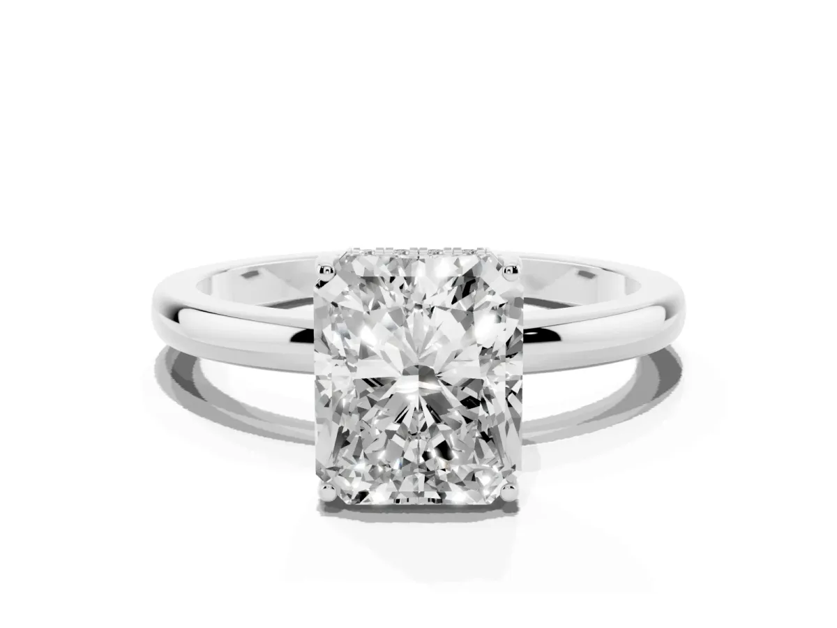 Radiant Cut Solitaire Diamond Ring with Prong Setting and Plain Band Silver