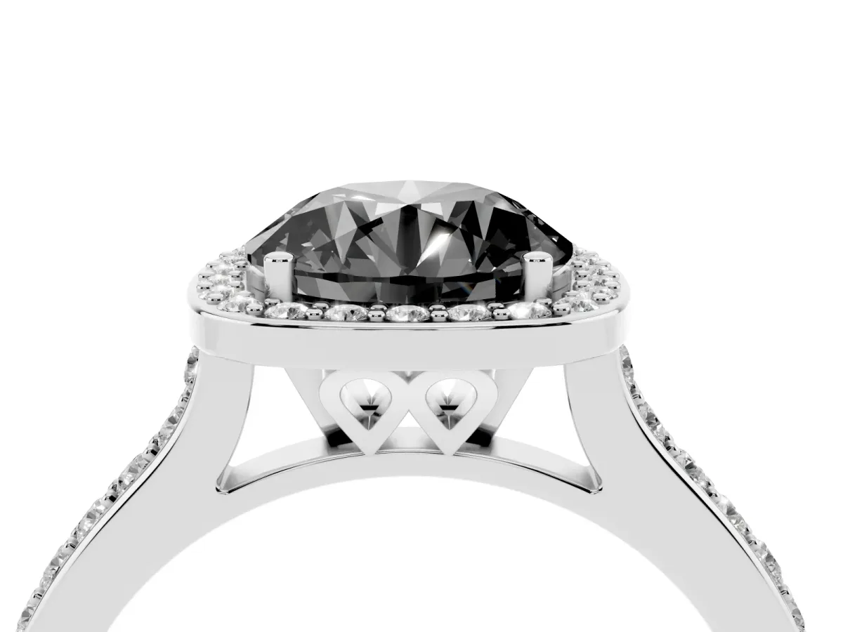 Fancy Black Round Cut Diamond Halo Engagement Ring with Round Pavé Shoulders and Prong Setting Platinum